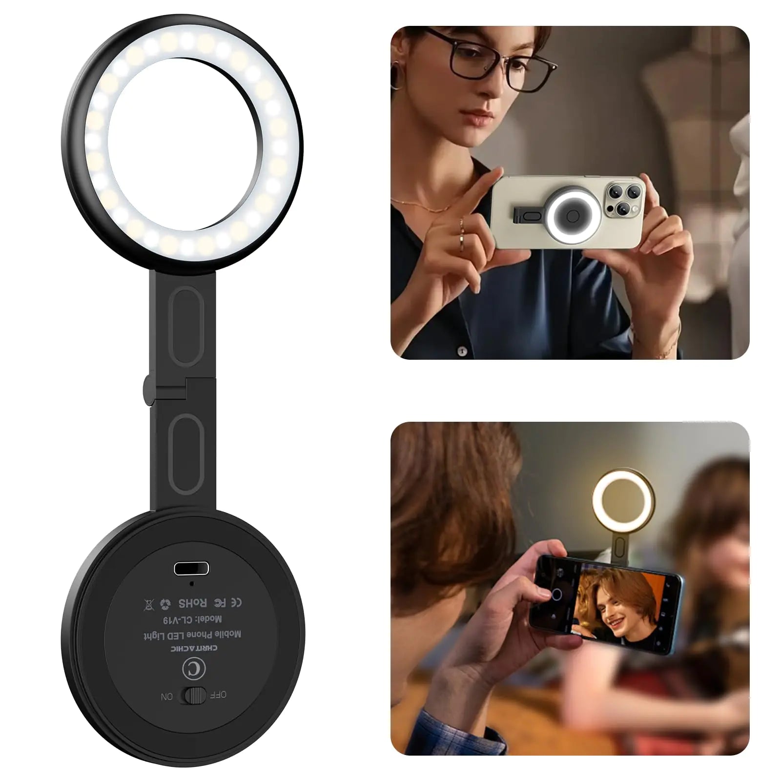 Portable clip-on LED selfie light for Instagram and video calls