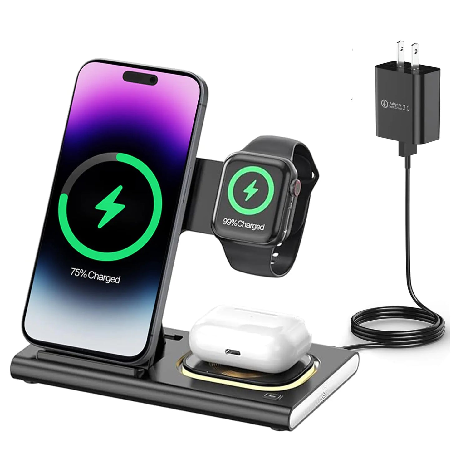 3 in 1 wireless charging station charging phone earbuds and smartwatch