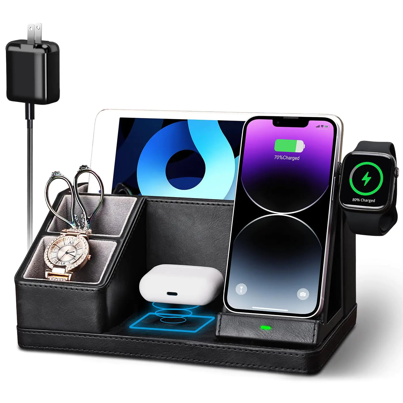 4 in 1 wireless charging station charging phone, earbuds and smartwatch