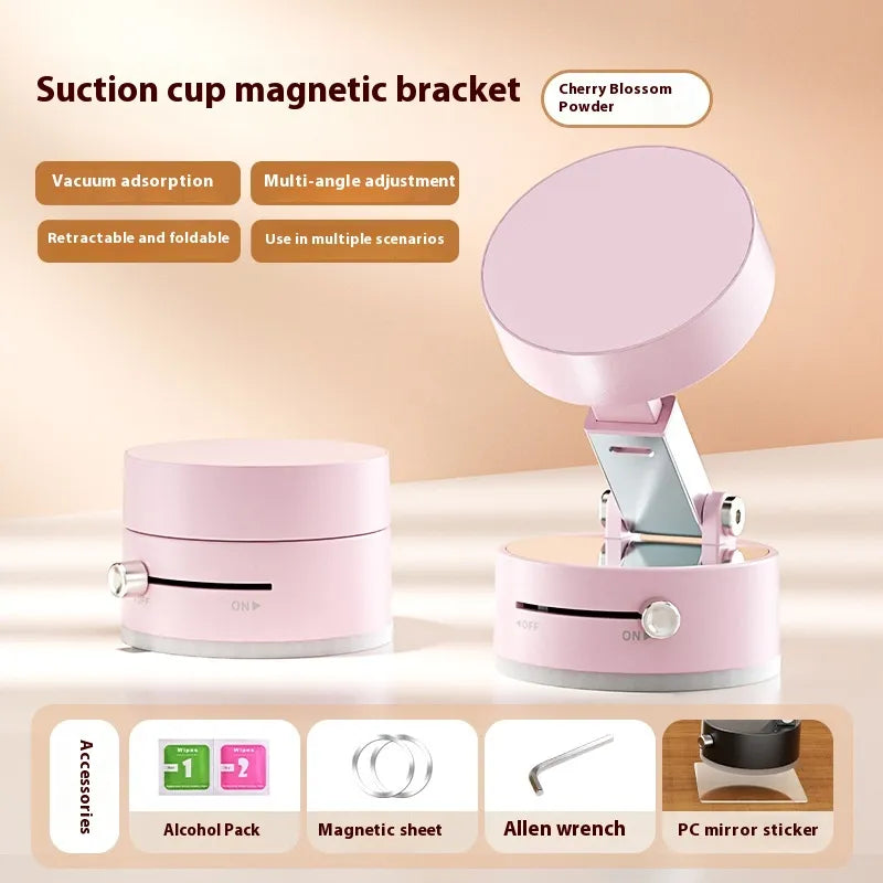 Magnetic foldable phone holder with suction cup mounted on desk